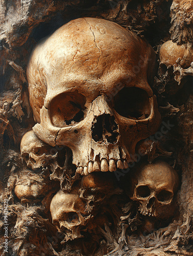 Stack of human skulls and bones in a haunting, dark atmosphere. Perfect for horror, Halloween, and death-themed visuals.