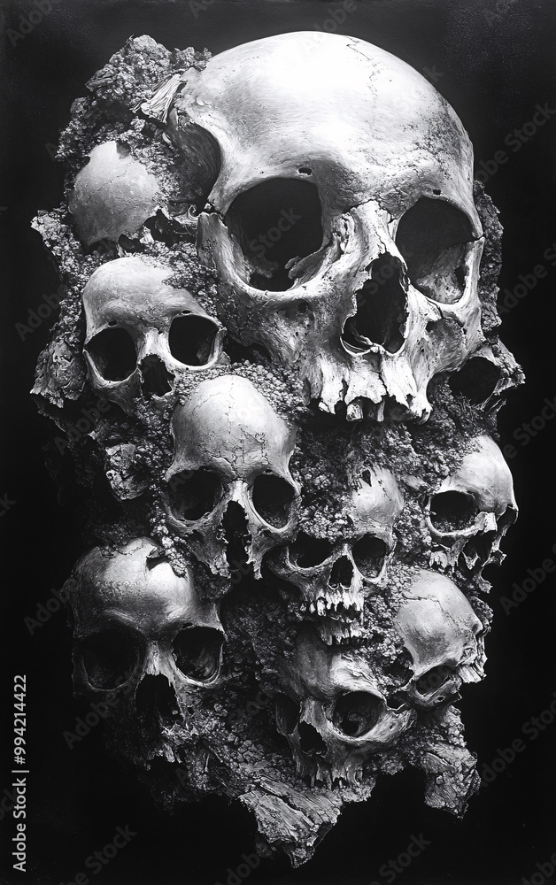 Stack of human skulls and bones in a haunting, dark atmosphere. Perfect for horror, Halloween, and death-themed visuals. Stack of human skulls and bones in a haunting, dark atmosphere. Perfect for horror, Halloween, and death-themed visuals.