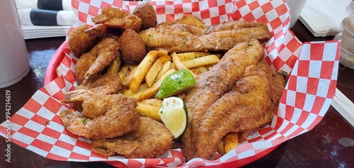 Fried Fish Basket with Fries and Hush Puppies