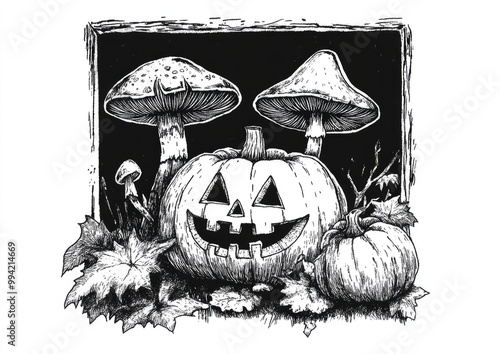 Hand drawn 2D ink illustration of a witch s altar featuring a carved pumpkin and mushroom within a square frame Perfect for Halloween themed designs logos prints and cards photo