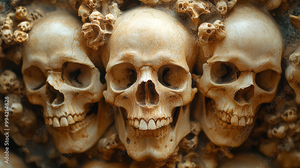 Naklejka premium Stack of human skulls and bones in a haunting, dark atmosphere. Perfect for horror, Halloween, and death-themed visuals.