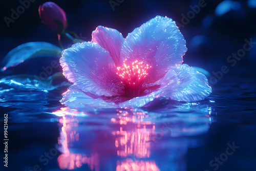 A Glowing Flower with Blue Petals Sits on Water with Reflection photo