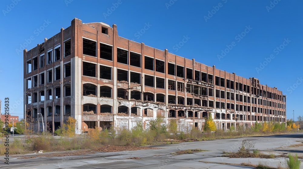 Abandoned Brick Building with Broken Windows and Overgrown Vegetation Abandoned Brick Building with Broken Windows and Overgrown Vegetation