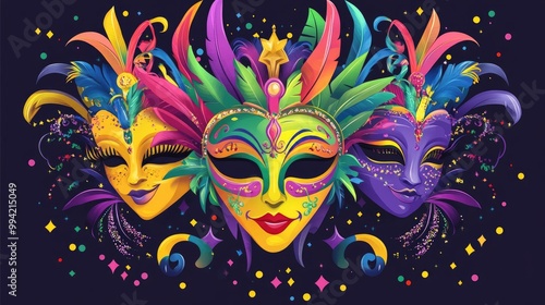 Mardi Gras celebration design featuring a vibrant carnival theme 2D cartoon illustration capturing the festive spirit of a carnival party