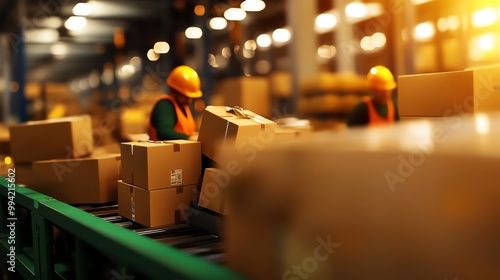 Workers in safety helmets sorting boxes in a warehouse with vibrant lighting, showcasing the busy atmosphere of the logistics and supply chain industry.