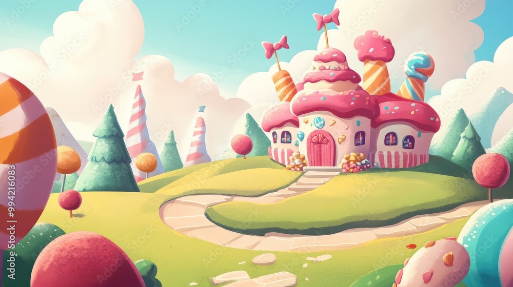 Whimsical candy themed illustration featuring a charming landscape with a delightful cake house presented in a vibrant 2D cartoon style Whimsical candy themed illustration featuring a charming landscape with a delightful cake house presented in a vibrant 2D cartoon style