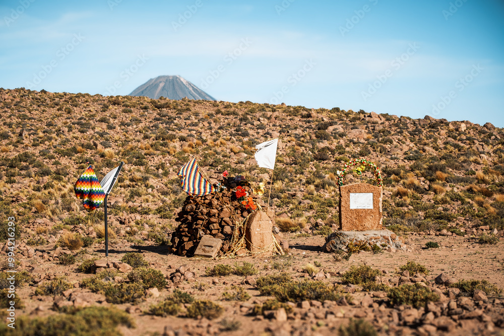 Traditional apacheta (or apachita) stands as a ceremonial offering to ...