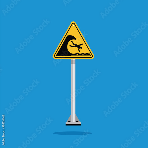 danger of big waves with yellow triangle board. Suitable for posters and web icons 