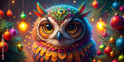 Festive owl celebrating New Year with colorful decorations and a joyful expression of happiness