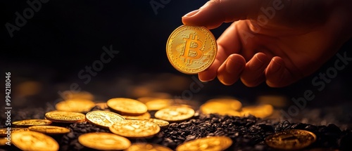 Hand holding a bitcoin over gold coins. photo