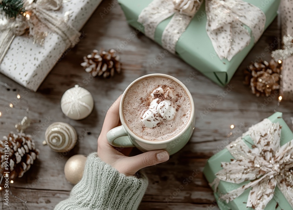 Hand holding cup of hot chocolate surrounded by wrapped Christmas presents
Hand holding cup of hot chocolate surrounded by wrapped Christmas presents