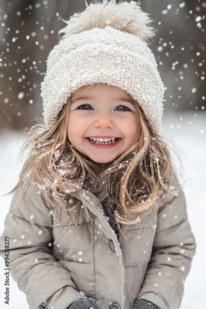 A young girl wearing a white hat and a brown coat is smiling A young girl wearing a white hat and a brown coat is smiling