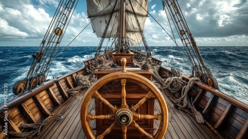 View from behind the ship's wheel on an old pirate sailing ship in open sea