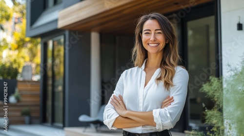 A woman is standing in front of a house with a smile on her face