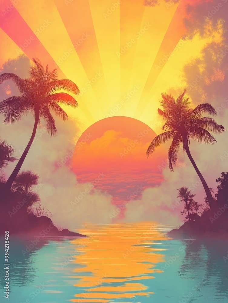 Tropical seascape with palm trees sun rays clouds and a sunset Dreamlike illustration featuring fog and vibrant scenery Tropical seascape with palm trees sun rays clouds and a sunset Dreamlike illustration featuring fog and vibrant scenery