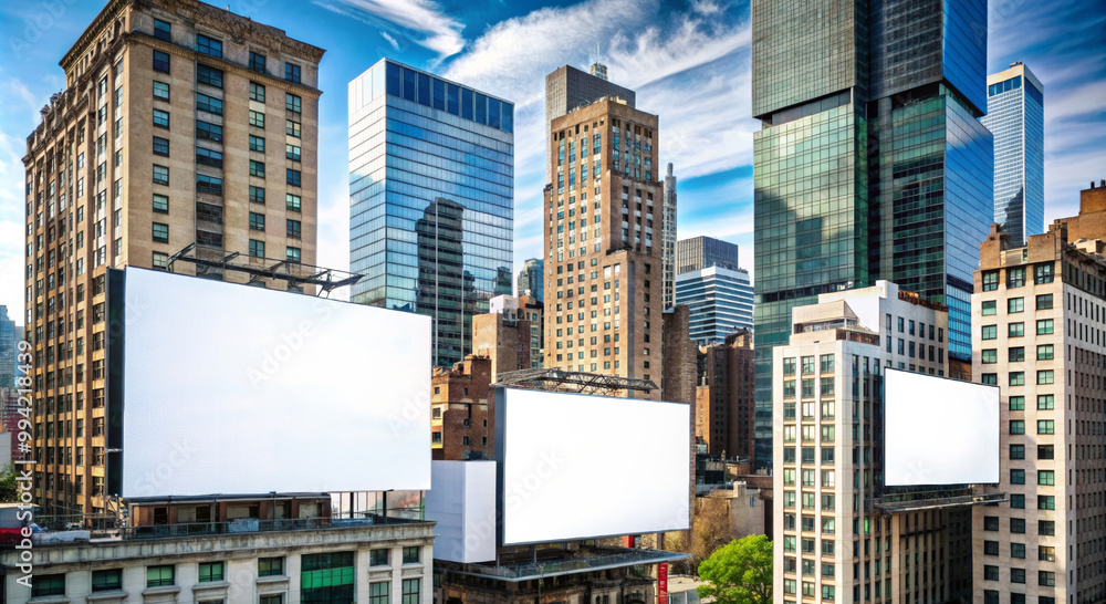 Three billboards on the background of skyscrapers on the background of the sky Three billboards on the background of skyscrapers on the background of the sky