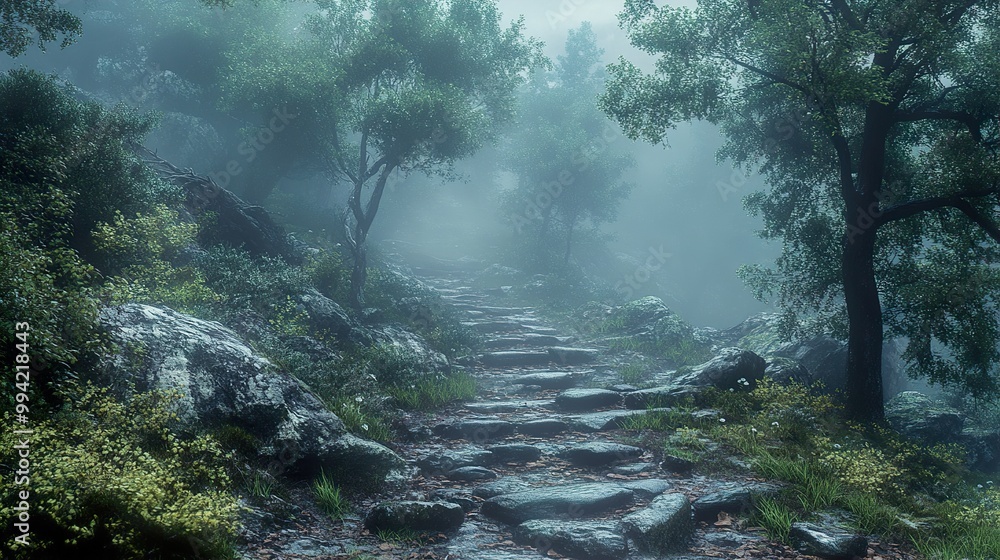 Stone Path Through a Foggy Forest - Serene Nature Photography Stone Path Through a Foggy Forest - Serene Nature Photography