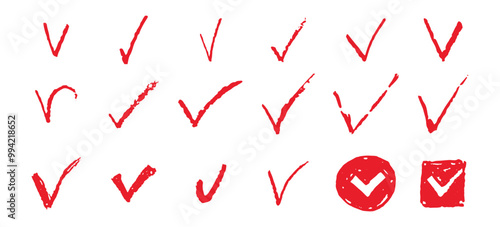 Set of check mark shapes. Red V handdrawn signs collection. Yes symbols for vote, quiz or survey. Simple choice icons. Check doodle mark child handwritten. Vector illustration isolated on white bg.