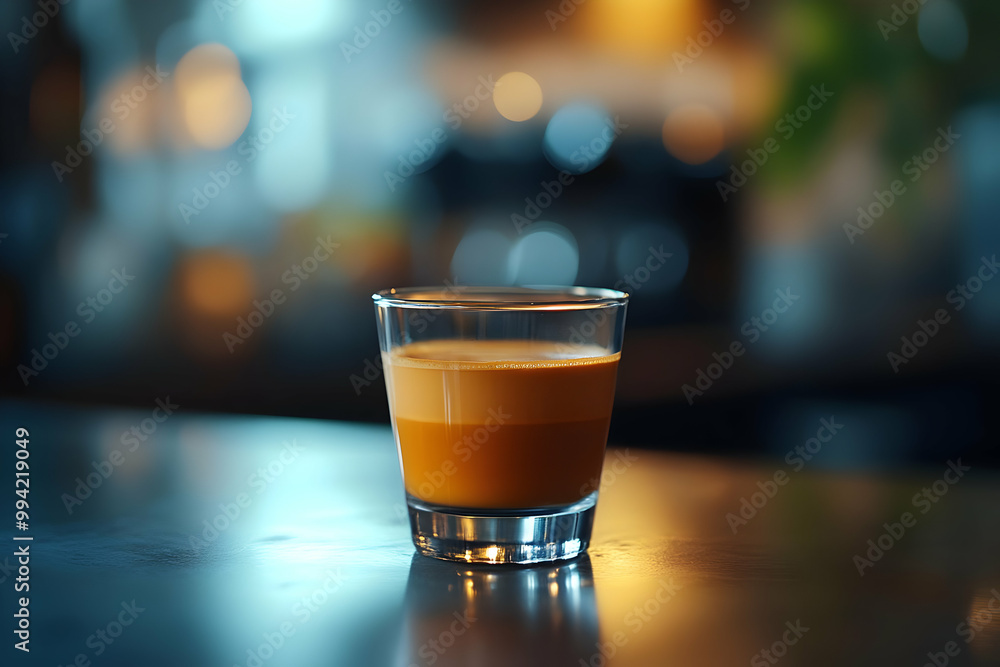 Glass of Espresso Sits on a Counter with a Blurred Background Glass of Espresso Sits on a Counter with a Blurred Background