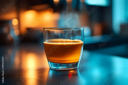 Steaming Hot Beverage in a Clear Glass Sits on a Table with a Blurred Background