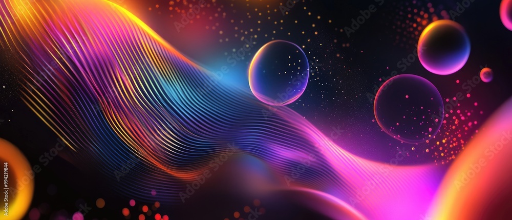 Futuristic abstract background featuring dynamic geometric shapes vibrant rainbow circles and stripes set against a dark backdrop Futuristic abstract background featuring dynamic geometric shapes vibrant rainbow circles and stripes set against a dark backdrop