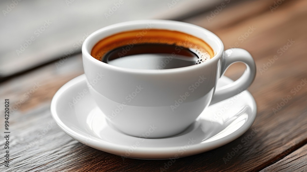 White cup and saucer with freshly brewed black espresso coffee White cup and saucer with freshly brewed black espresso coffee