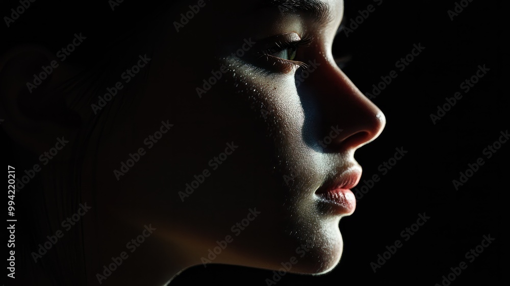 Intense profile portrait of a young person in shadows. Generative AI image Intense profile portrait of a young person in shadows. Generative AI image