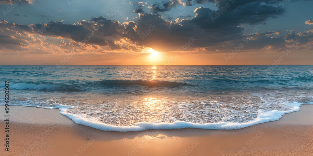 Obraz premium Tranquil beach scene with golden sunset and gentle waves crashing on the shore