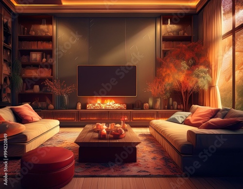 Very Cozy Living Room with Sofa and TV, Dim Lighting, Perfect for Chilling in Front of a Movie photo