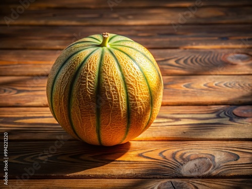 Fresh and Juicy Japanese Yubari Melon on Wooden Background with Natural Light and Shadow Play photo