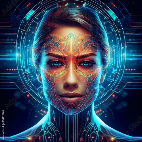 Futuristic Woman Enhanced by Technology and Artificial Intelligence - Abstract Illustration