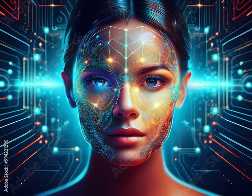 Illustration of a Half-Robot, Half-Human Woman Symbolizing AI