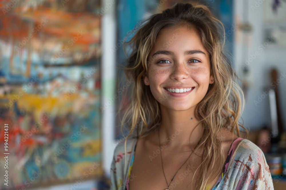 A joyful young artist stands and poses in her studio, surrounded by various portraits displayed on the walls, highlighting her vibrant and creative workspace with an inspiring atmosphere. A joyful young artist stands and poses in her studio, surrounded by various portraits displayed on the walls, highlighting her vibrant and creative workspace with an inspiring atmosphere.