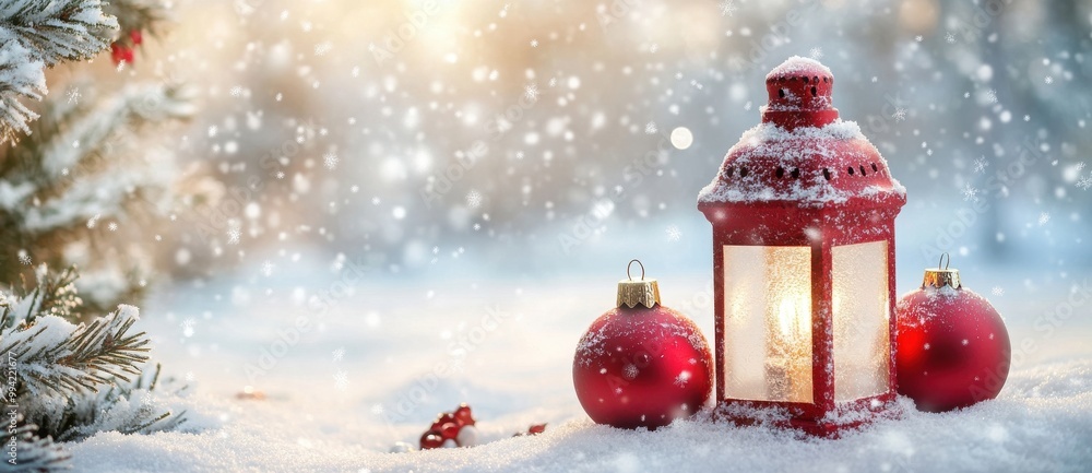 Red Christmas lantern on snow with festive ornaments and glowing bokeh lights
Red Christmas lantern on snow with festive ornaments and glowing bokeh lights
