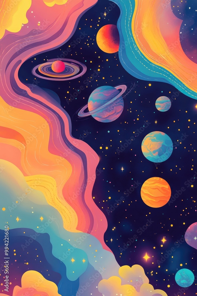 Colorful abstract 2D cartoon style background depicting a whimsical universe Colorful abstract 2D cartoon style background depicting a whimsical universe