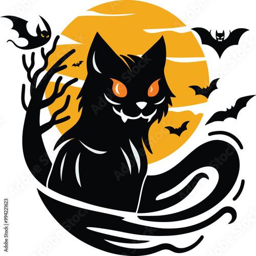 Scary black cat at night with glowing eyes on white background.