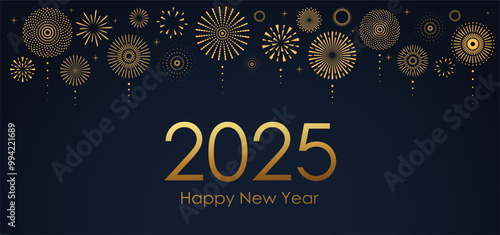 2025 New Year Abstract golden fireworks and golden gradient numbers on dark blue background