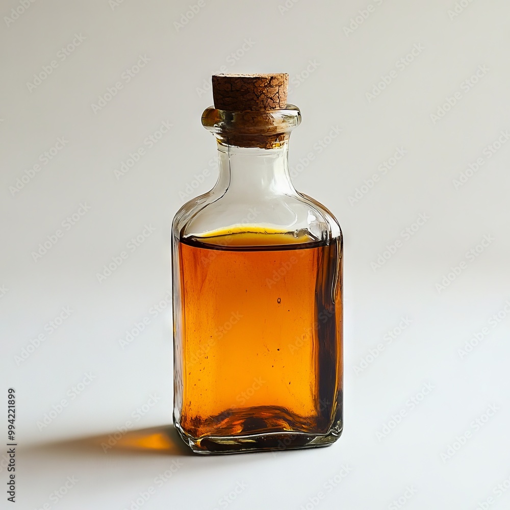 A small glass bottle with a cork stopper filled with liquid A small glass bottle with a cork stopper filled with liquid
