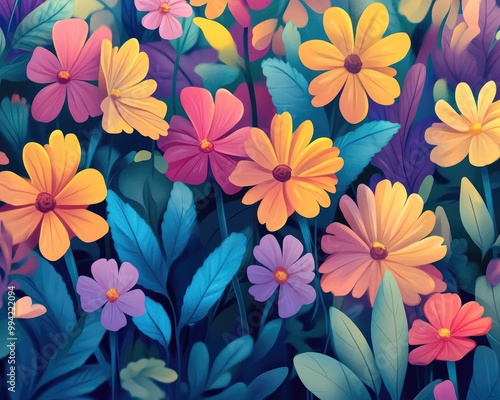 Colorful floral backdrop featuring a vibrant 2D cartoon illustration