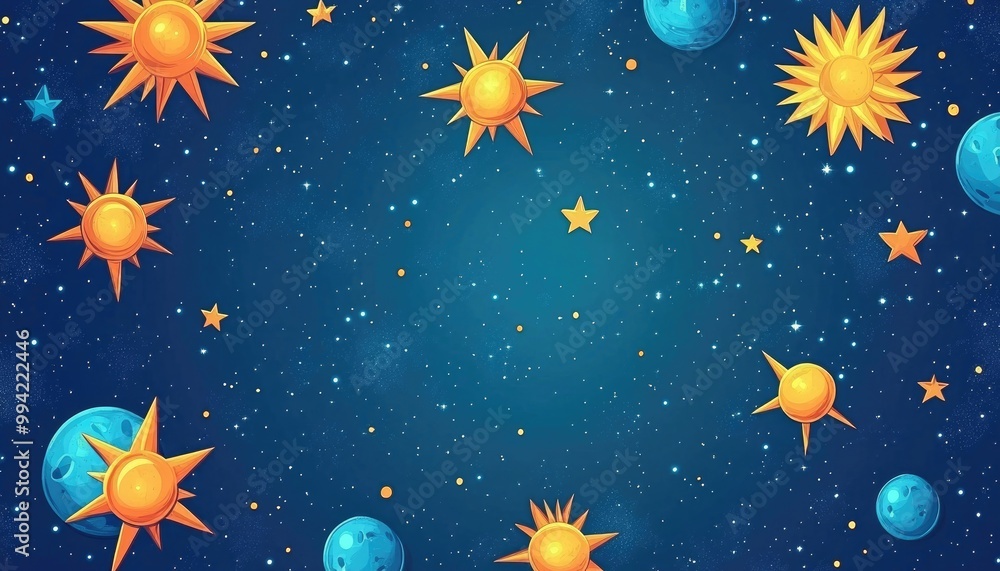 Light blue 2D cartoon background featuring vibrant stars and suns A bright illustration with cosmic elements perfect for abstract templates and astronomy related designs Light blue 2D cartoon background featuring vibrant stars and suns A bright illustration with cosmic elements perfect for abstract templates and astronomy related designs