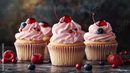 Four pink frosted cupcakes topped with cherries and blueberries, next to raspberries, cranberries, and a strawberry. photo