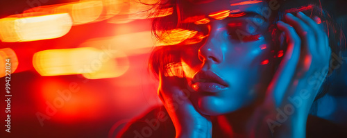 Woman with blue and red light shining on her face with a blurry background