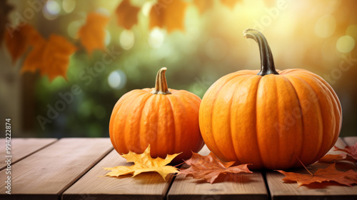 Two pumpkins on wooden table. Thanksgiving Day Concept. Autumn Still Life