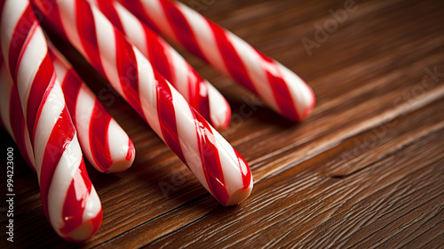 Christmas candy canes on wooden table. Christmas holidays concept