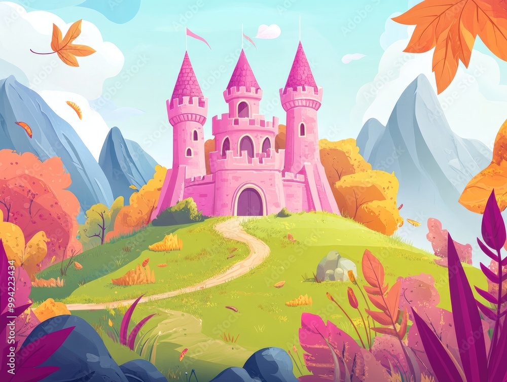 Fototapeta premium Pink fairy tale castle nestled in a mountain valley 2D cartoon illustration depicting a colorful autumn landscape with a whimsical palace featuring towers green grass vibrant leaves and distant roc