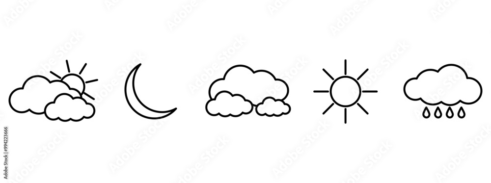 Obraz premium Weather linear icons set. Meteorological symbols. Sunny, cloudy, rainy. Vector illustration