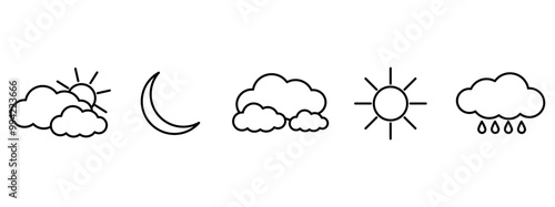 Weather linear icons set. Meteorological symbols. Sunny, cloudy, rainy. Vector illustration