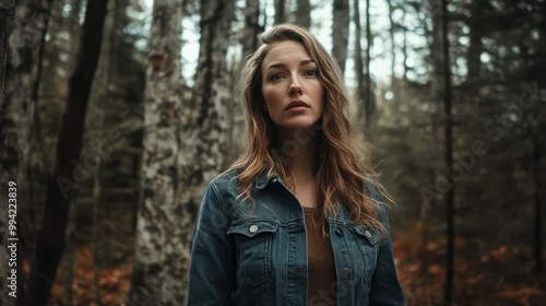 Surreal portrait of standing woman in the woods