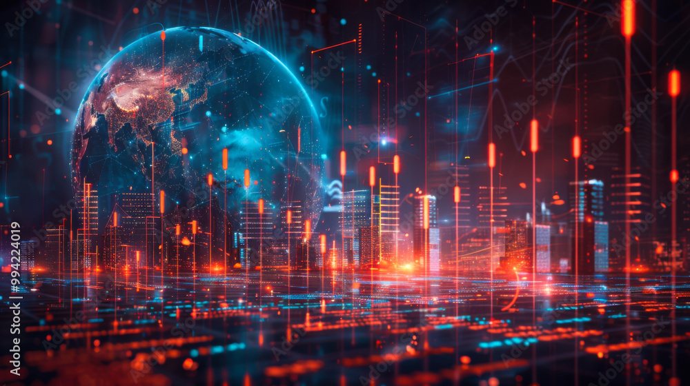 Futuristic city skyline illuminated by vibrant data streams and a glowing Earth against a digital backdrop at night Futuristic city skyline illuminated by vibrant data streams and a glowing Earth against a digital backdrop at night