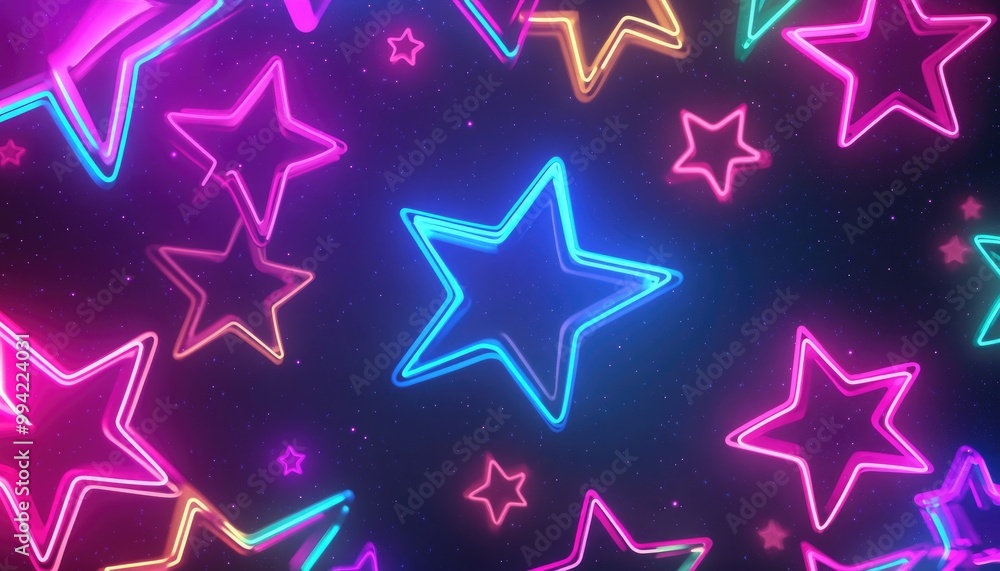 Light gray 2D cartoon template featuring neon stars Contemporary geometric abstract design with star motifs suitable for New Year advertisements and booklets Light gray 2D cartoon template featuring neon stars Contemporary geometric abstract design with star motifs suitable for New Year advertisements and booklets